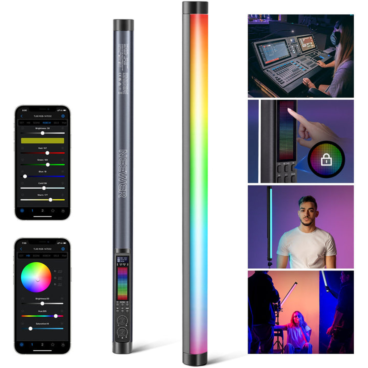 - Location de Studio équipé pour la Photo et la Vidéo Un bâton lumineux LED coloré, accompagné d'images montrant son utilisation dans un studio, le contrôle via une application, un panneau de commande tactile en gros plan, et des personnes posant avec un éclairage d'ambiance.