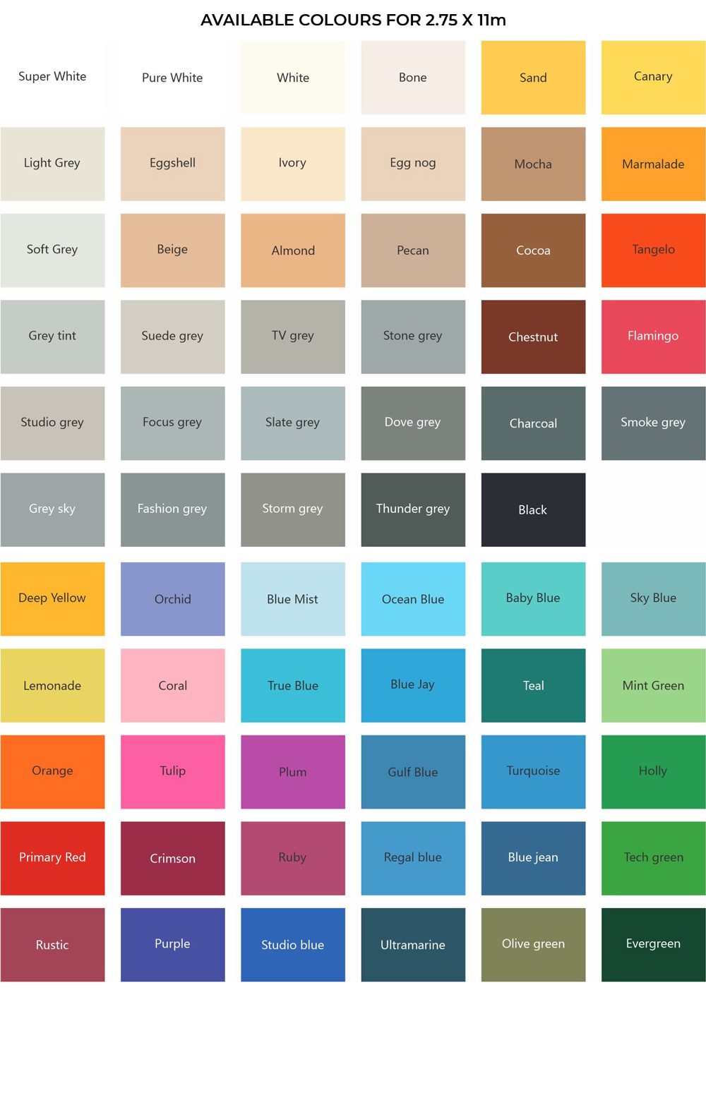- Location de Studio équipé pour la Photo et la Vidéo Un nuancier intitulé "Couleurs disponibles pour 2,75 x 11m" montre 56 échantillons de couleurs disposés en grille, avec des noms comme Super White, Eggshell, Marmalade, Flamingo, Turquoise, etc.