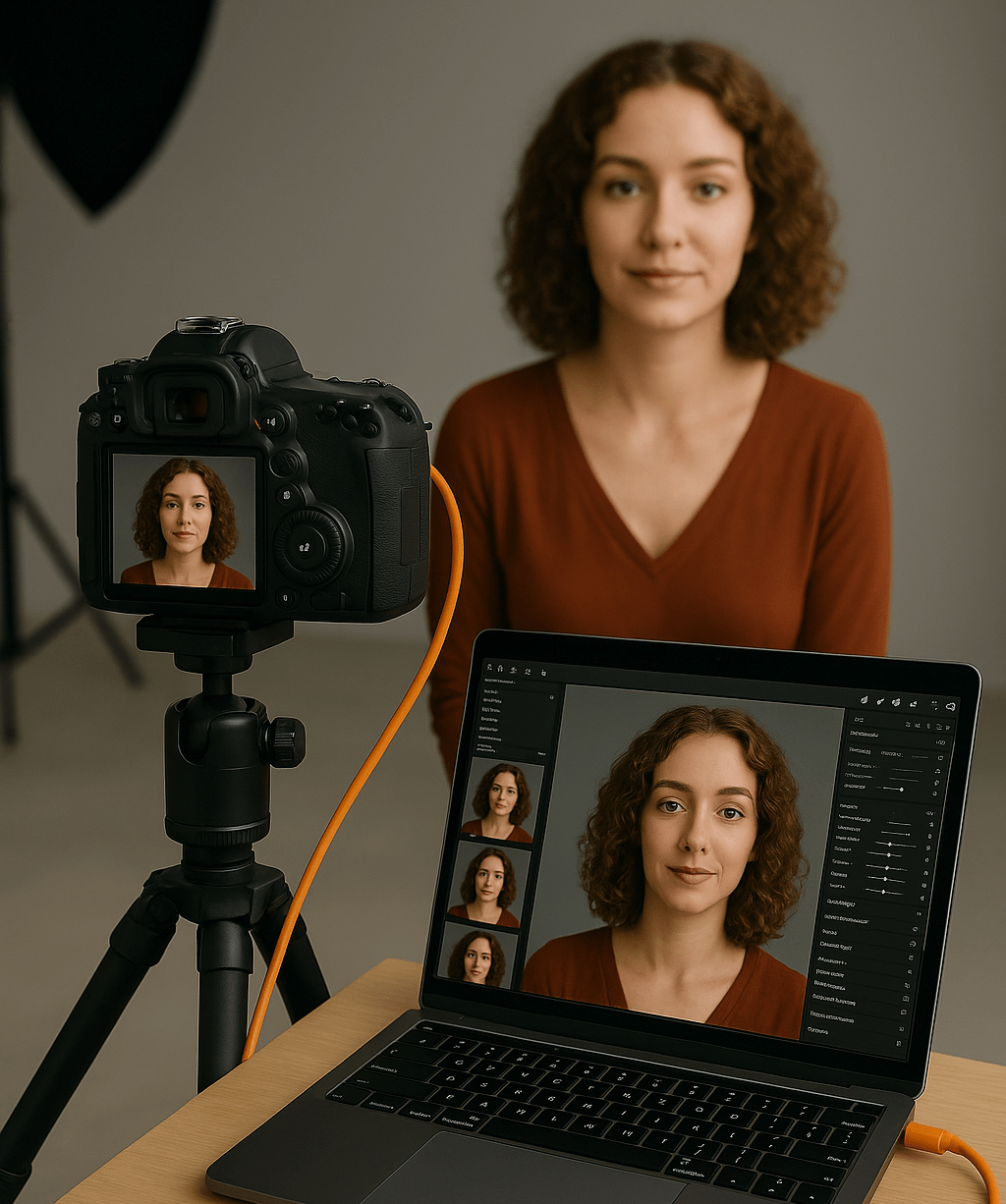 - Location de Studio équipé pour la Photo et la Vidéo Une femme aux cheveux bouclés est assise devant une caméra sur un trépied, reliée à un ordinateur portable montrant son portrait. Elle porte un haut couleur rouille et sourit doucement, avec en arrière-plan un fond neutre de studio.